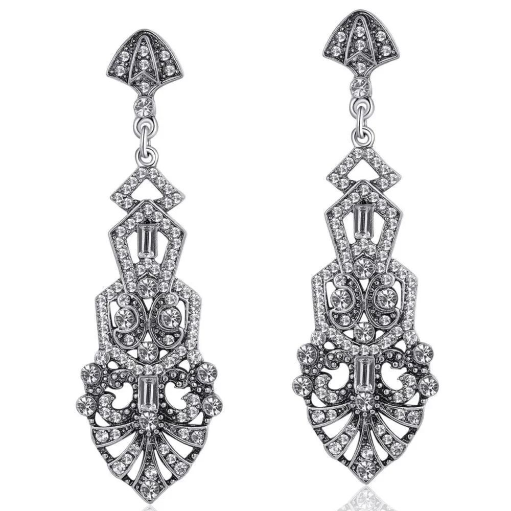 Silver with White Diamond Crystal 1920's Art Deco Chandelier Post Back Earrings